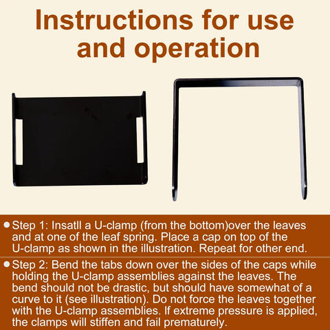 Instructions for Four Piece Stainless Steel Leaf Spring Clamp Kit For Three Inch Wide Leaf Springs with Bend Repair Clips.