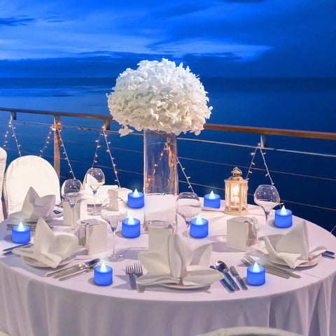 Table setting with 72 Pack Blue Flameless LED Tea Light Candles Battery Operated For Wedding Table Decor Romantic Nights Anniversary Honeymoon Mood Lighting Perfect For Weddings And Parties Safe Flame Free Glow.