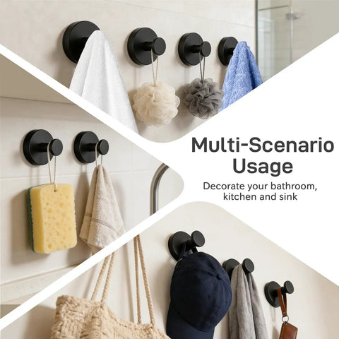 Stainless Steel Matte Black Suction Cup Shower Hooks 4 Pack Hella Strong Wall Mounted Bathroom Towel Holders With Non Marking Silicone Base And Zero Drill Mess On Glass Or Tile Walls