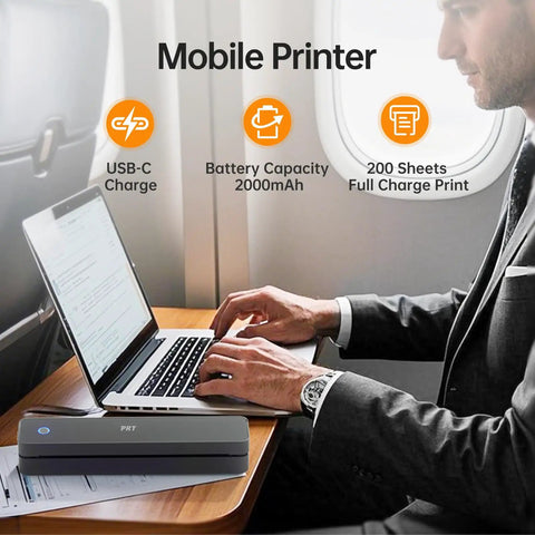 Slick Compact Thermal Printer With No Sweat Bluetooth Wireless Hookup For Travel And Road Trips instant mobile photo printing on the go in use on a plane.