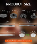 Dimensions of Leather Snaps And Fasteners Kit With 40 Sets Of 15mm Metal Snap Buttons And Setter Tools for DIY projects.