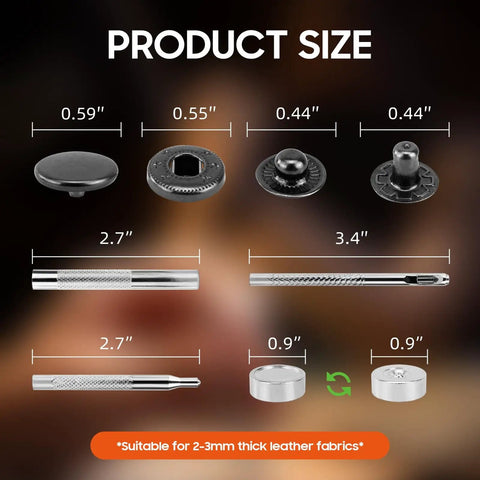 Dimensions of Leather Snaps And Fasteners Kit With 40 Sets Of 15mm Metal Snap Buttons And Setter Tools for DIY projects.