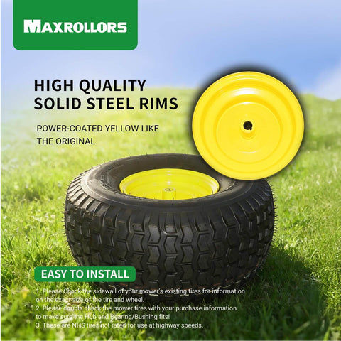 Two Pack Tubeless Lawn Mower Tire And Wheel Set For Rear Size Twenty Inch Diameter by Eight Inch Width Rim Eight Inch with Three and a Half Inch Offset Hub, showing yellow solid steel rim on grass