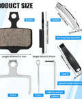 Product size chart showing Eight Pairs Bike Disc Brake Pads Kit With Springs And Latches Gap Regulator Hydraulic Piston Tool And Hex Wrench