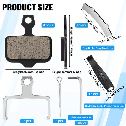 Product size chart showing Eight Pairs Bike Disc Brake Pads Kit With Springs And Latches Gap Regulator Hydraulic Piston Tool And Hex Wrench