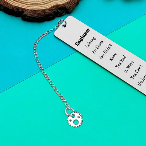 Stainless steel engineer bookmark with inspirational quote and gear charm, perfect Funny Engineer Gift For Engineers And Students.