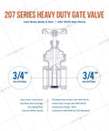 Diagram of Beefy Heavy Duty Gate Valve With Wheel Handle For Water Shutoff 3/4 In FIP Connections Cast Brass NSF ANSI 61 Certified.