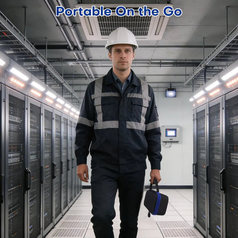 Engineer walking with Travel Case For TOPDON TC004 Mini Thermal Imaging Camera With Removable Foam Insert in server room.