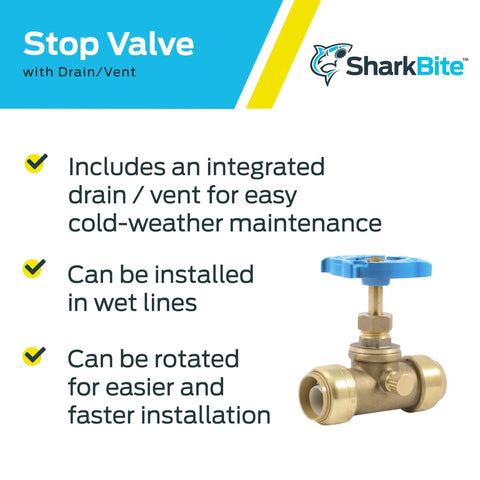 3/4 Inch Brass Push To Connect Stop Valve With Drain And Vent For PEX Copper CPVC PE-RT HDPE Plumbing Fittings Pro Grade Multi Turn