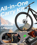 Portable Tire Inflator With 160 PSI Pressure Gauge Electric Air Pump featuring a bike on a mountain with inflator in car