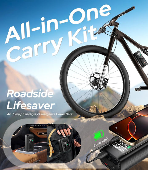 Portable Tire Inflator With 160 PSI Pressure Gauge Electric Air Pump featuring a bike on a mountain with inflator in car