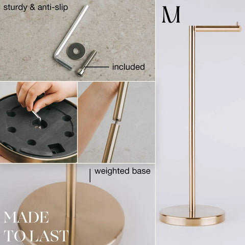 Freestanding Toilet Paper Holder With Storage For Four Rolls, Renter Friendly Stainless Steel Stand In Luxury Brushed Gold Finish