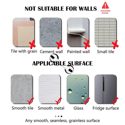 Surface compatibility guide for Ultra Secure Shower Grab Bar With Strong Suction Cups, showing unsuitable and suitable surfaces.
