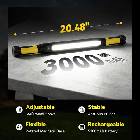 Magnetic Rechargeable Work Light 3000LM LED Light Bar with 5200mAh Battery, yellow, stable design on gray surface.