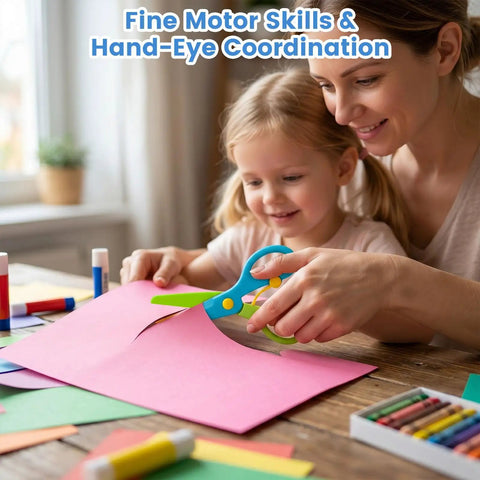 Parent and child using Toddler Safety Scissors 4-Piece Set With Blunt Tips For Preschoolers for arts and crafts at home