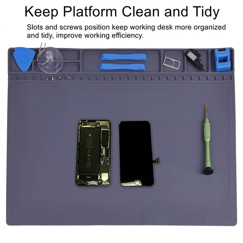 ESD silicone soldering repair mat 15.9 x 12 in grey with wristband and grounding wire; two smartphones on mat