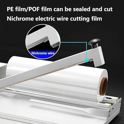LKJUIO 450W Shrink Wrapping Machine With Roller Bracket Compact Aluminum Alloy Countertop Heat Sealer close-up of nichrome wire cutting blade.