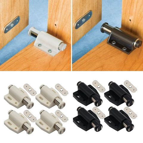 Door Catch Set Pack Of 4 No Brainer Push Open Touch Latch With Soft Close in black and white for wood doors.