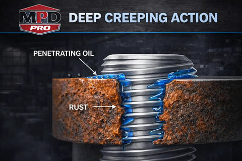Cross-section of rusted bolt with penetrating oil showing deep action on rust and hardware