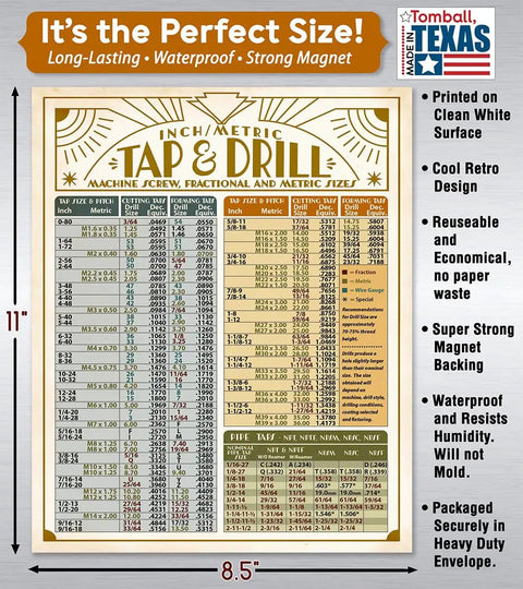 Top Drawer Metric Tap And Drill Magnet Chart Retro 8.5X11 Thread Size Reference for tool cabinet and workshop bench.