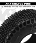 Close-up of XHX Pin Tires for 1.3 Inch Wheels Fit TRX4M And SCX24 Rock Crawlers, 72x24 mm with XHX-shaped pins for traction