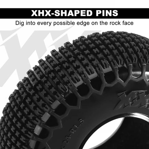 Close-up of XHX Pin Tires for 1.3 Inch Wheels Fit TRX4M And SCX24 Rock Crawlers, 72x24 mm with XHX-shaped pins for traction