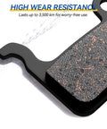 Close-up of Four Pairs Semi Metallic Mountain Bike Disc Brake Pads with textured surface and high wear resistance lettering.
