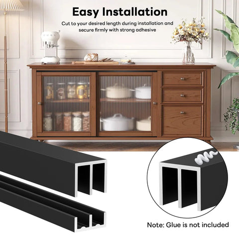 Black Two Pack Aluminum Sliding Door Track System for One Eighth Inch Panels ideal for cabinets, includes upper and lower tracks