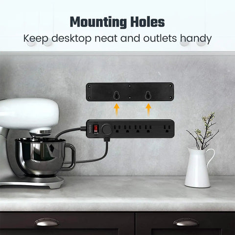 Mounted Six-Outlet Surge Protector Power Strip With 4.5 Ft Extension Cord, 900 Joules Of Protection, Black, kitchen setting.