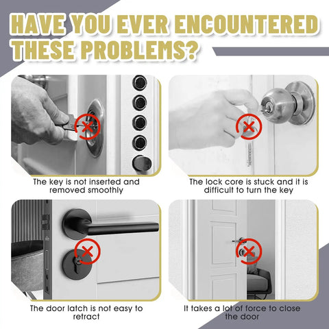 Four lock problems with doors and keys identified: key not smooth, core stuck, latch not retracting, door hard to close.