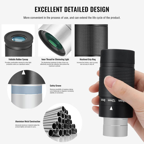 Stepless Zoom 1.25 Inch Telescope Eyepiece 8 to 24mm with 7 Element 4 Group Optics, showing detailed design features.