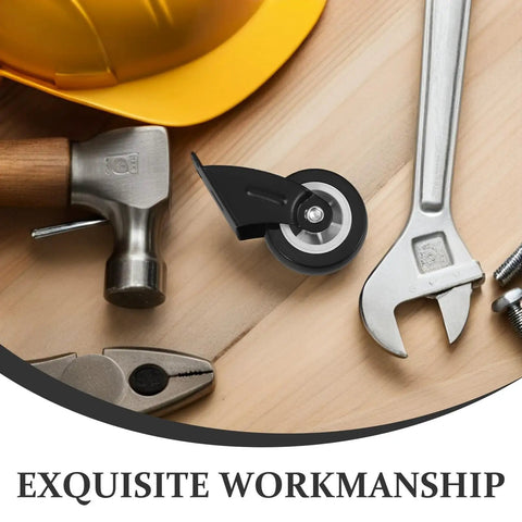 Heavy Duty Slider Wheels Rock Solid Construction For Quiet Barn Door Cabinet Sliding Track Gliding on wood with tools visible.