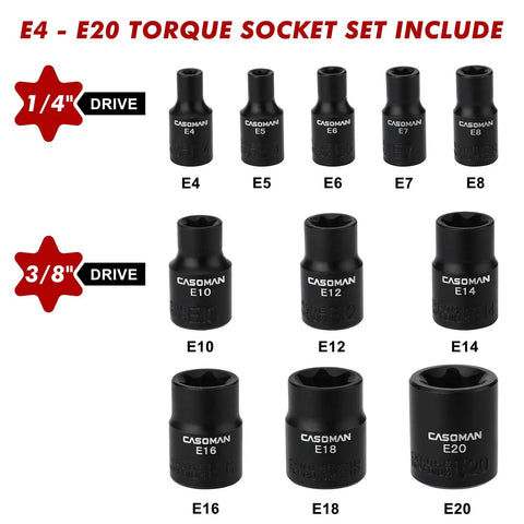 Eleven Piece Female Torx Socket Set With E Torx And Star Sockets Pro Grade Heavy Duty One Quarter And Three Eighths Inch Drives Drop Forged Chrome Vanadium Black Phosphate Finish Includes Rail Clip On Storage