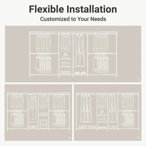 Flexible installation guide for Heavy Duty Expandable Clothes Rack And Wardrobe Closet Organizer With Adjustable Multi Tier Shelves.