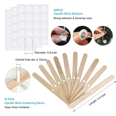 All In One Candle Making Kit With 100 Six Inch Cotton Wicks 30 Sticker Sets And 10 Centering Tools for a clean eco friendly burn