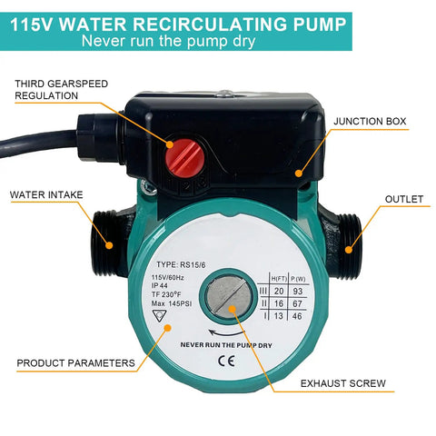 Heavy Duty Hot Water Recirculating Pump 115V With 3 Speed Control And 145 PSI Rating showing water intake, outlet, and junction box.