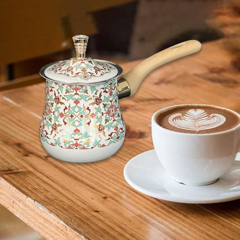 Stainless Steel Turkish Coffee Pot And Milk Warmer With Long Wooden Handle, Multipurpose Butter Melter, Kitchen Accessory, 550ml, Red Pattern