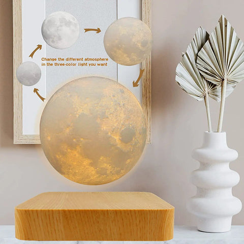 Levitating Moon Lamp With Hovering Glow, Rotates In Air, LED Table Night Light on wooden base with 3 color modes display.