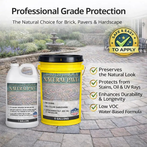 Heavy Duty Water Based Paver And Concrete Sealer Shields Brick Stone Masonry Locks Joint Sand boosts raw color, shown in gallon and five-gallon containers.