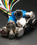 Collection of 12mm momentary push button switches with blue LED rings, metal chassis, and multi-colored wires, suitable for panel mounting.
