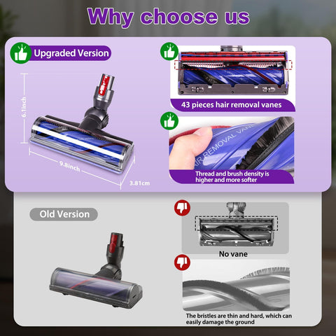 Comparison of upgraded and old Quick Release Vacuum Head Replacement for V7 V8 V10 V11 V15 models with direct drive brush turbine