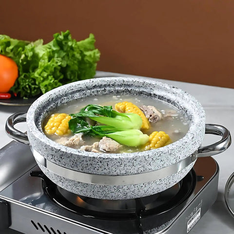 Heavy Duty Thick Granite Stone Bowl With Wood Base And Glass Lid Induction Ready Donabe Style Pot For Bibimbap Rice Bowls No Fuss Hearty Soups Stews And Slow Cooks 30 Cm in use on stove