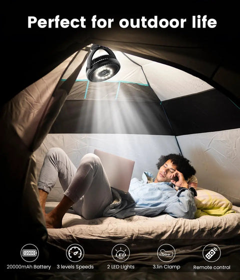 Clip On 8 Inch Portable Fan With 20000mAh Battery in tent with man relaxing, USB desk fan for camping, strong airflow, quiet