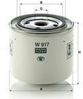 Volvo Compatible Spin On Oil Filter W 917 with measurement diagram, replacement for Volvos 240 242 740 850 S70 V70 and more.