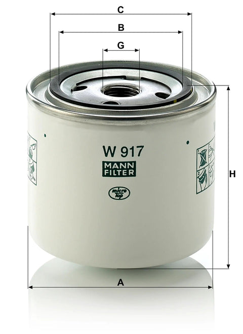 Volvo Compatible Spin On Oil Filter W 917 with measurement diagram, replacement for Volvos 240 242 740 850 S70 V70 and more.