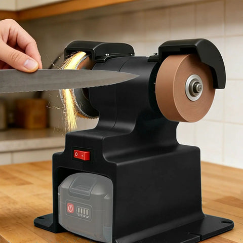 Top Rated Asixxsix Mini Bench Grinder Polisher 200W 7000Rpm in action sharpening a knife with sparks flying.