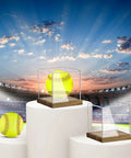 Clear Acrylic Softball Display Case With Wood Base For One Ball on podium with stadium background