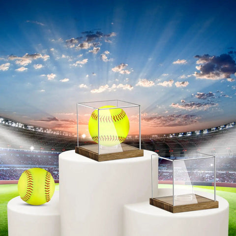 Clear Acrylic Softball Display Case With Wood Base For One Ball on podium with stadium background