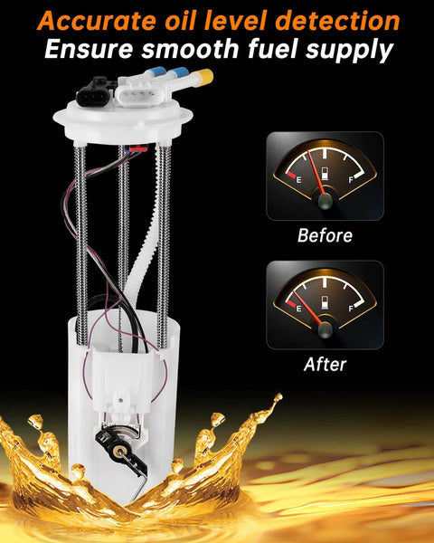 Electric Fuel Pump Module Assembly Compatible With 1997-2002 Chevy S10 4.3L V6, 1997-2002 GMC Sonoma 4.3L V6, And 1997-2000 Isuzu Hombre 4.3L V6 Replacement OE E3952M SP446M MU111 P75006M MU1751 19331267 19122465 25323823 showing accurate fuel level detection with before and after gauge comparison