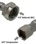 Close-up of Toilet Angle Shut Off Valve Set With Escutcheon Plate And 12-Inch Stainless Steel Braided Water Supply Line connections